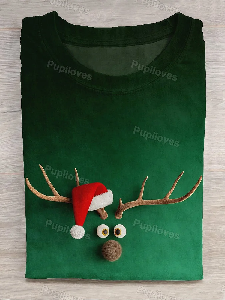 Pupiloves Pupiloves  Fun Christmas Antler Art Print Crew Neck T-Shirt