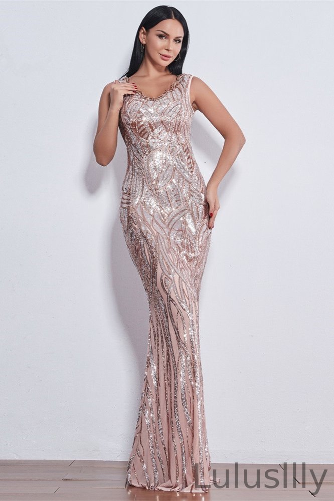Glamorous Sequins V-Neck Mermaid Evening Party Gowns Long Prom Dress Online - lulusllly