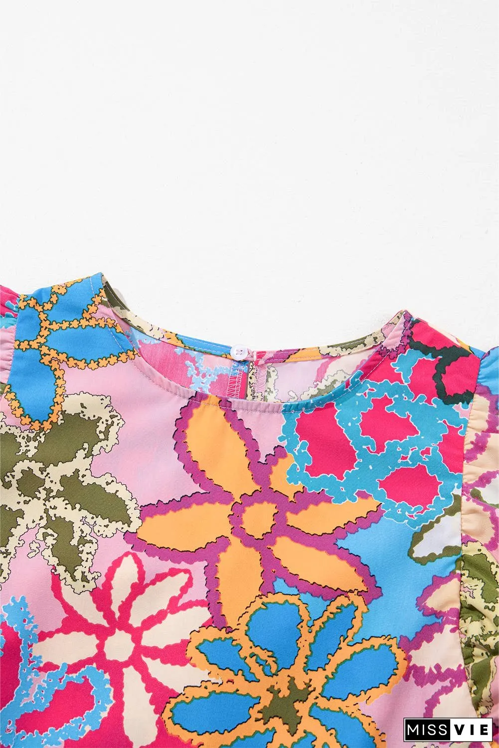 Vibrant Floral Print Trimmed Ruffle Sleeve Blouse