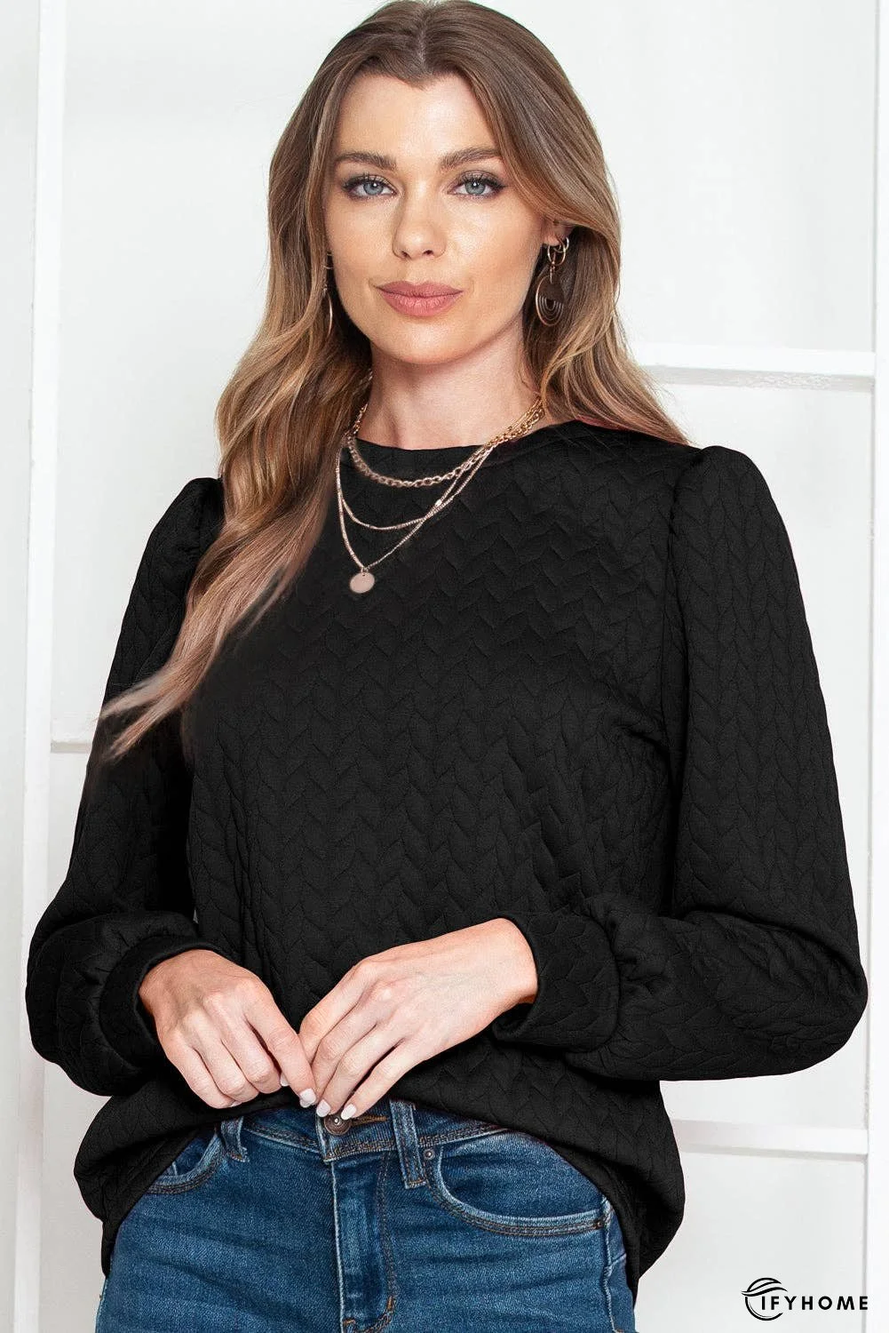 Rosy Waffle Quilted Puff Sleeve Sweatshirt | IFYHOME