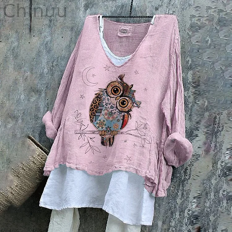Vintage Printed V Neck Shirt Tunic Top
