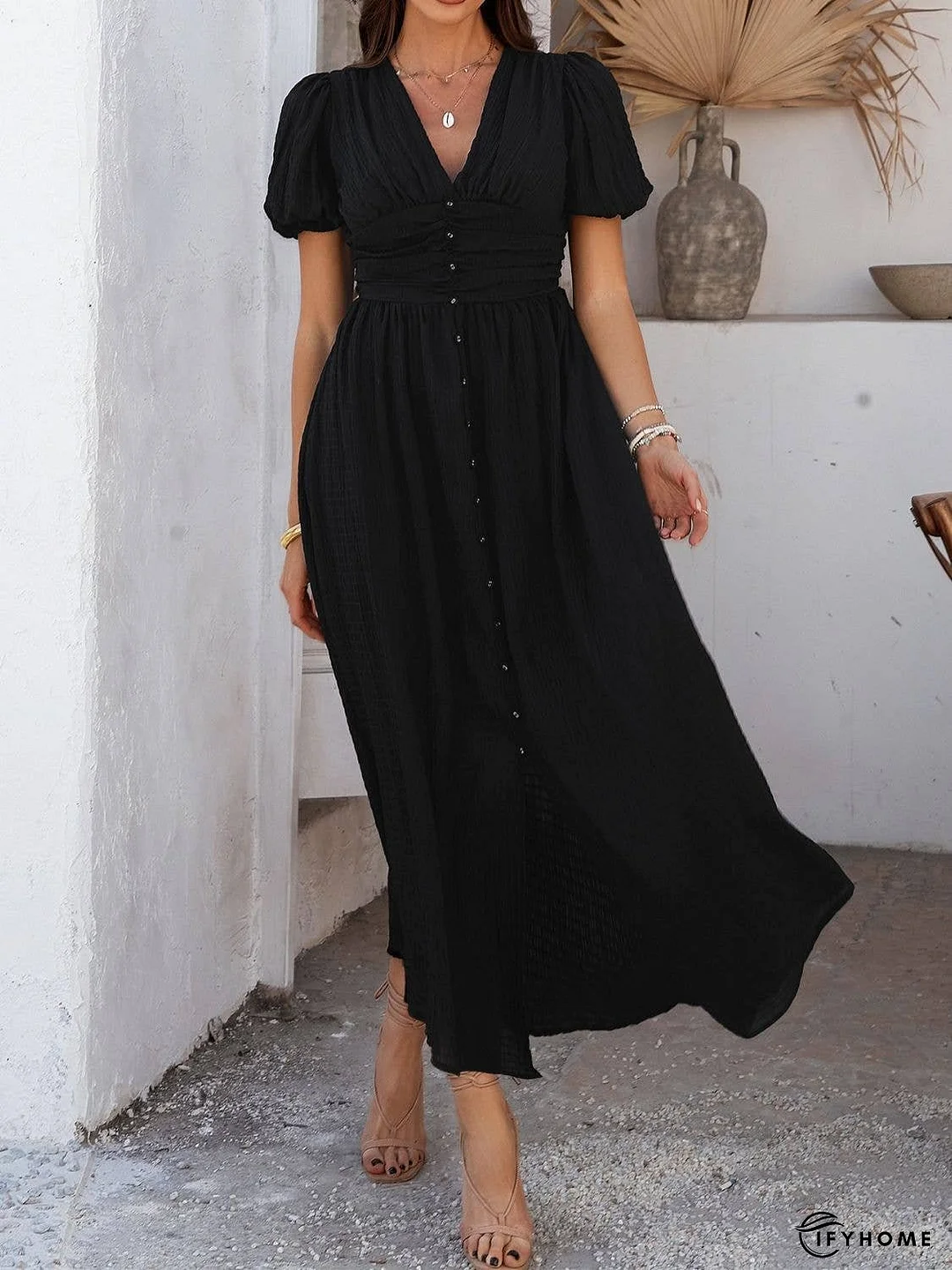 Devine V-Neck Puff Short Sleeve Midi Dress | IFYHOME