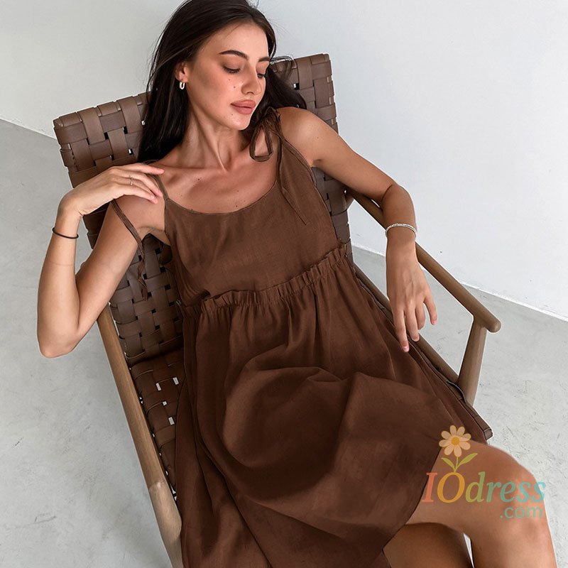 IO Dress Women Leace-Up Spaghetti Strap Dresses Solid Color Sleeveless Loose A-Line Mini Dress Female Summer Boho Holiday Beach Dress