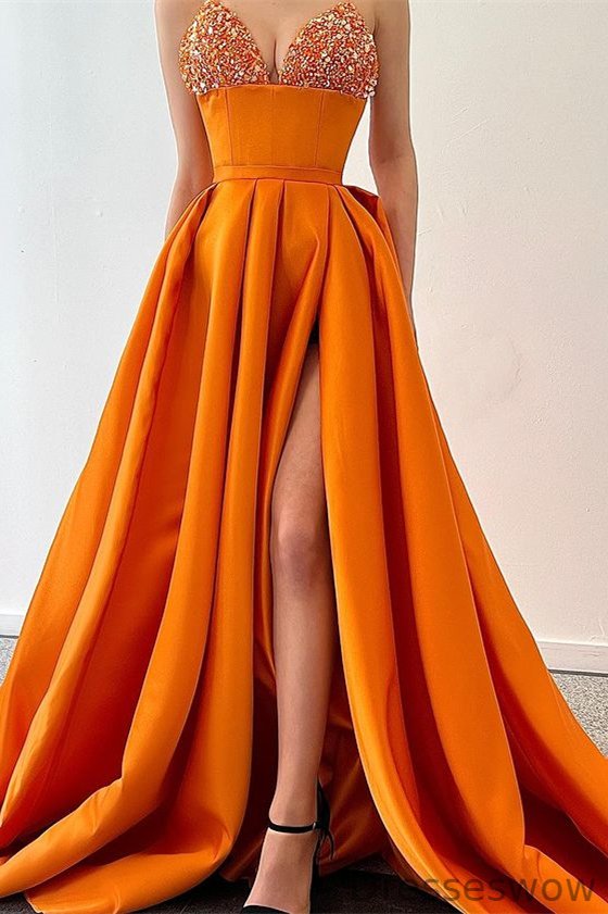 Dresseswow Spaghetti-Straps Orange Prom Dress Sequins Mermaid With Slit