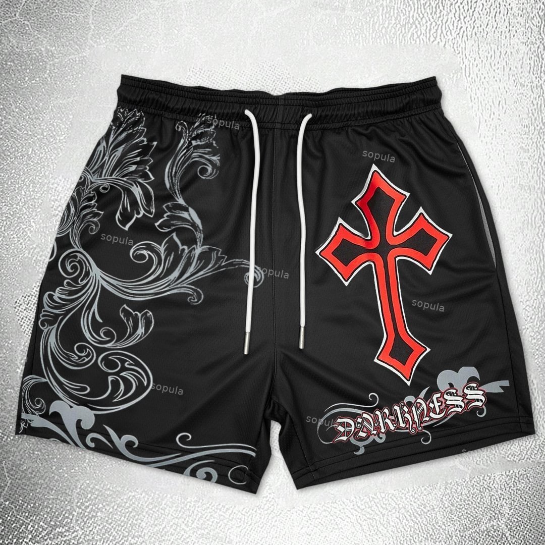 Sopula Vintage Cross Graphic Casual Street Mesh Shorts