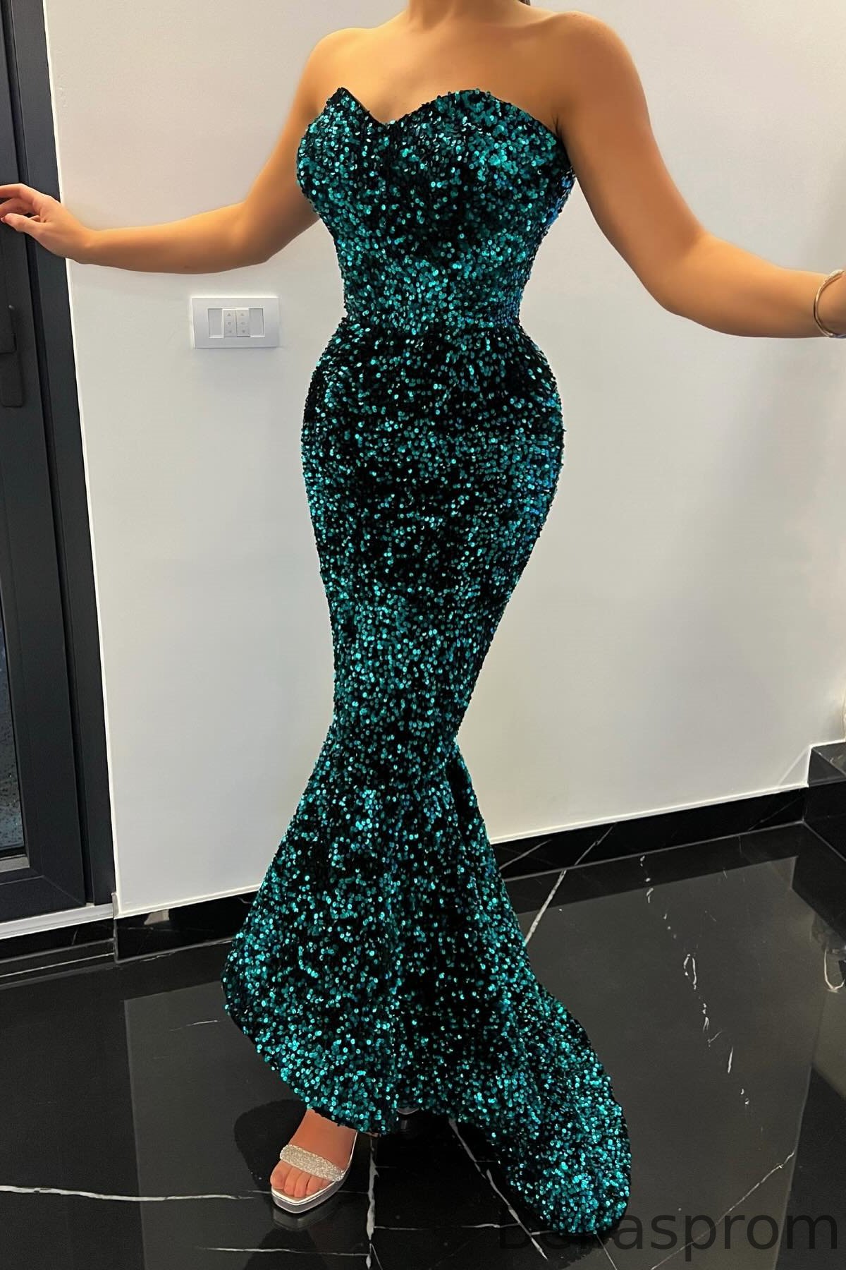 Bellasprom Sweetheart Dark Green Mermaid Evening Dress Long With Sequins Bellasprom