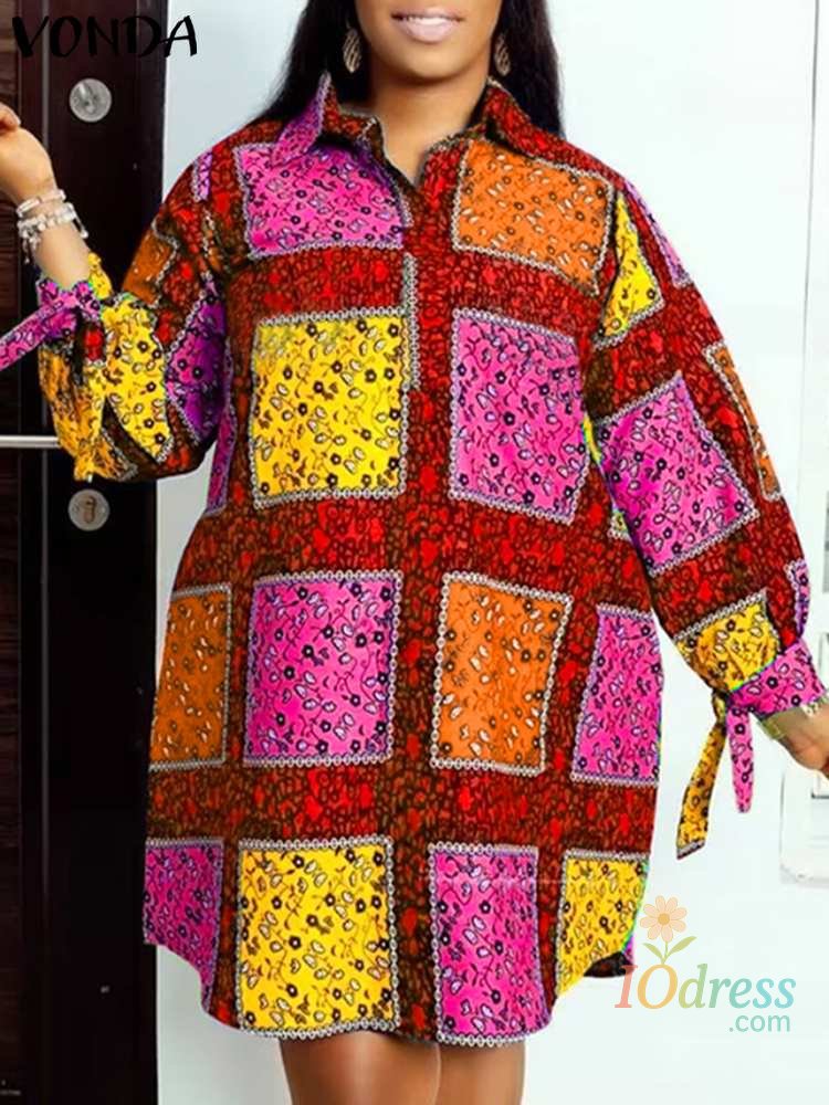 IO Dress VONDA Plus Size 5XL Women Autumn Long Sleeve Printed Dress 2024 Bohemian Party Sundress Vintage A-Line Vestidos Loose Robe