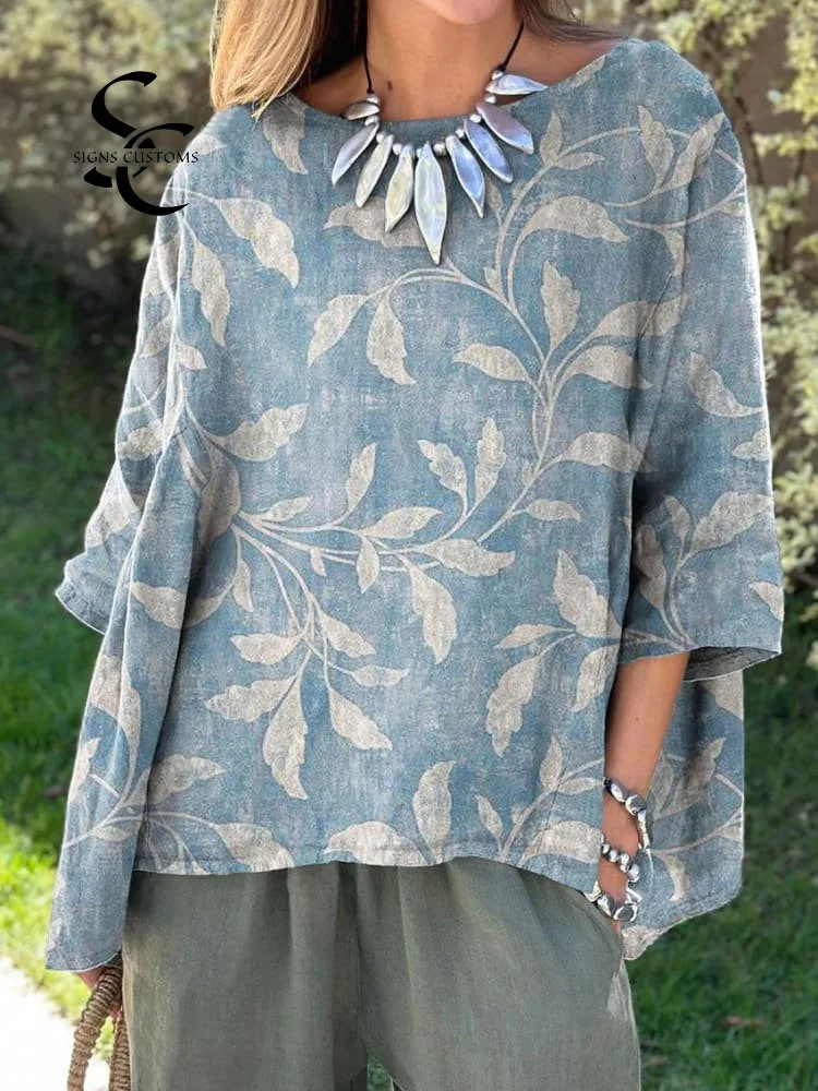 Women's Vintage Floral Art Print Casual Cotton And Linen Shirt