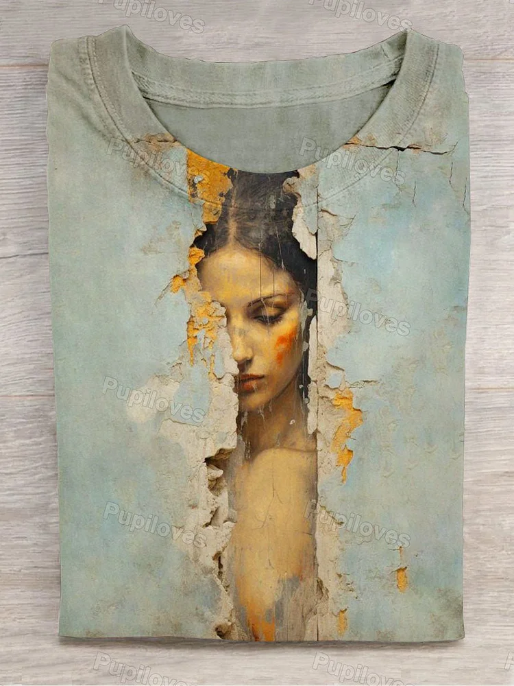 Pupiloves Pupiloves Unisex Broken Wall Figure Sculpture Art Print Round Neck Short Sleeve T-Shirt