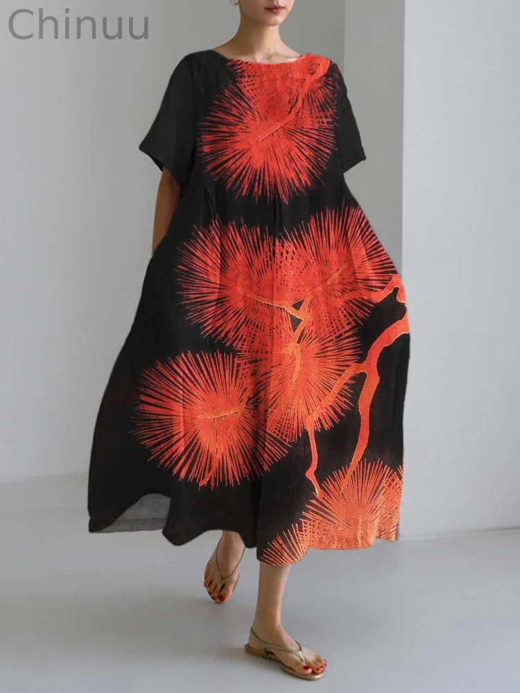 Red Pine Tree Japanese Print Linen Maxi Dress
