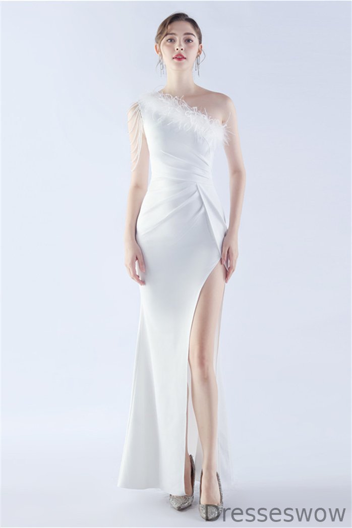 Dresseswow Mermaid One Shoulder Prom Dress Front Split Long With Feather