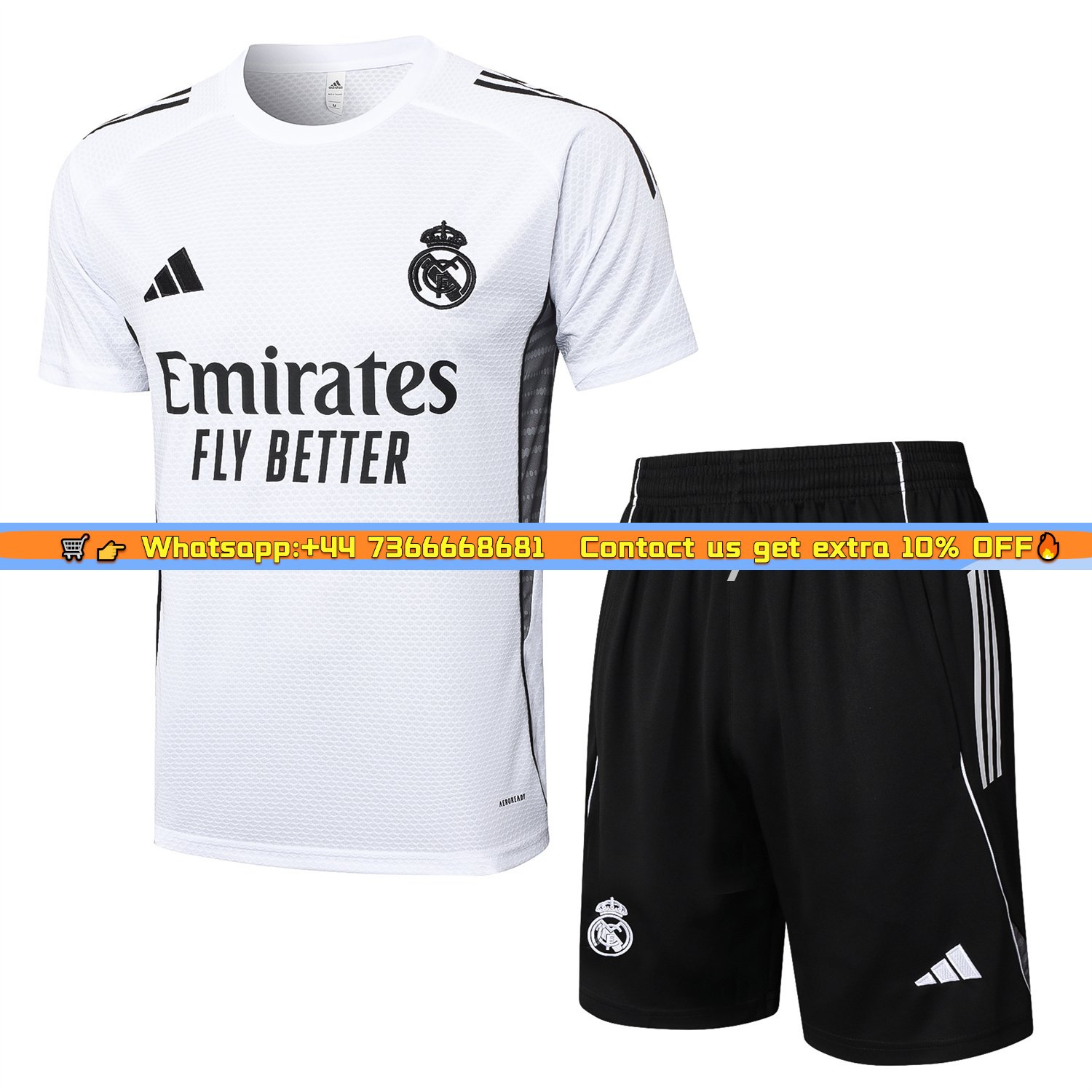 Real Madrid 25-26 Short-Sleeve Training Set - White Top and Black Shorts