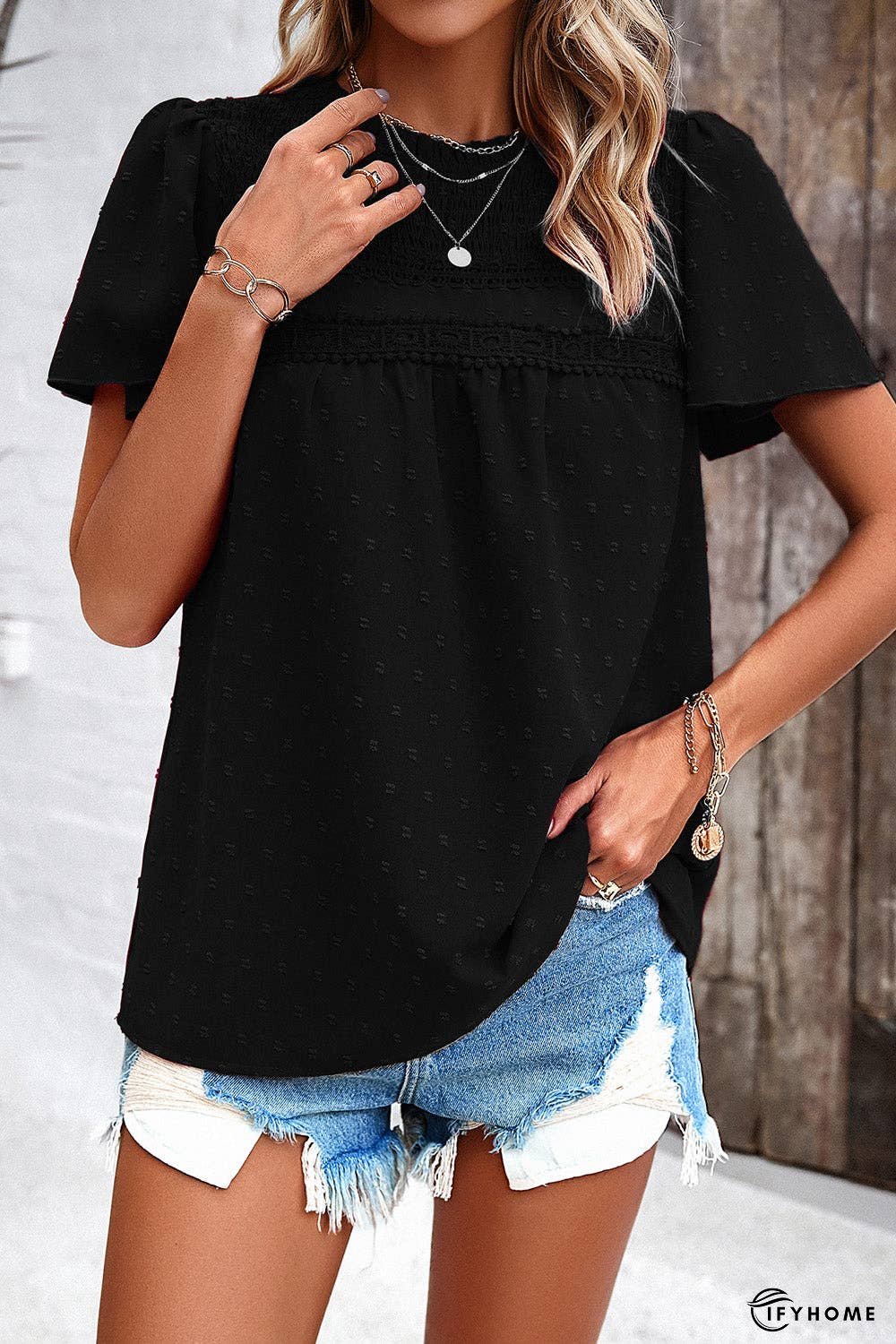 Swiss Dot Smocked Round Neck Short Sleeve Blouse | IFYHOME