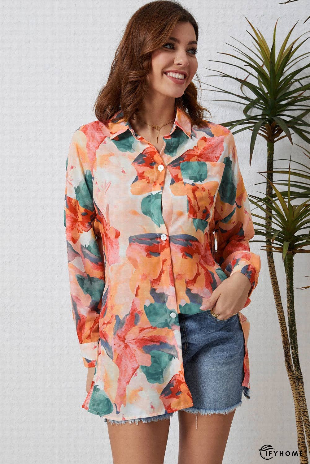 Floral Long Sleeve Slit Longline Shirt | IFYHOME