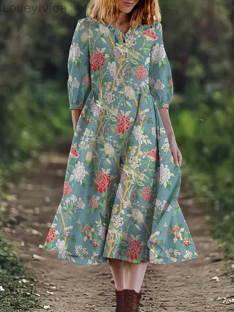 Women's V-neck Vintage Floral 3/4 Sleeve Pocket Cotton Dress