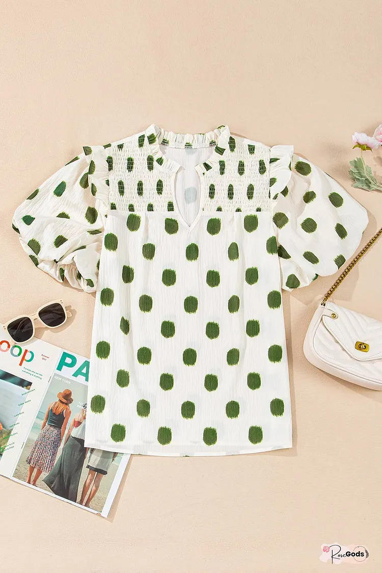 Polka Dot Print Shirred Yoke Balloon Sleeve Blouse