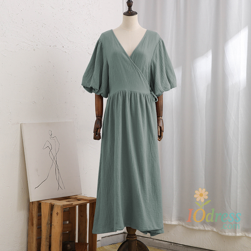 IO Dress Vintage 100% Cotton Women'S Dress Retro Crepe Gauze V-Neck Puff Sleeve Bandage Lace Up Elegant Dresses For Women Long Maxi Robe IO Dress