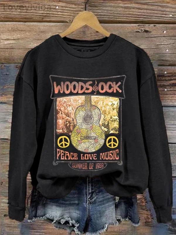 Women's Woodstock Peace Love Music Print Sweatshirt