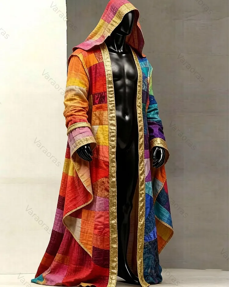 Men's Fashion Rainbow-Colored Linen Hooded Cape 8221